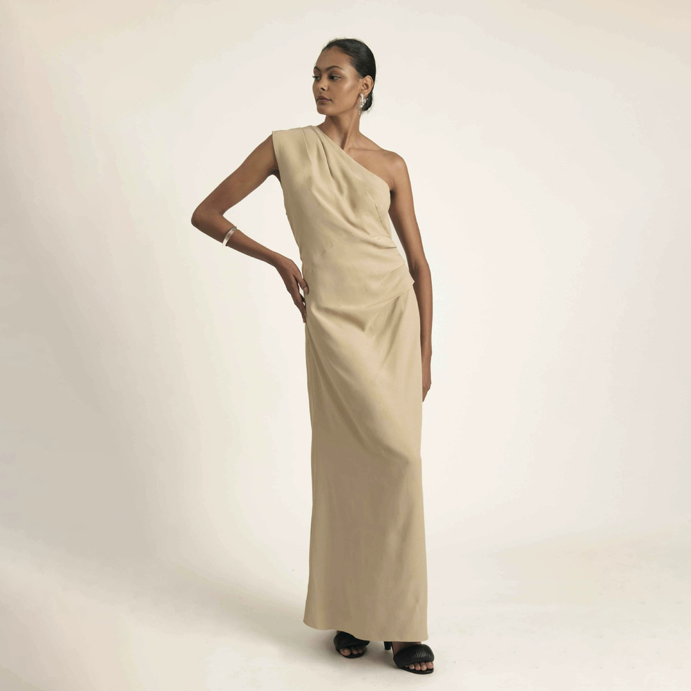 ZARA Elegant One Shoulder Pleated Maxi Dress Asymmetric Neck